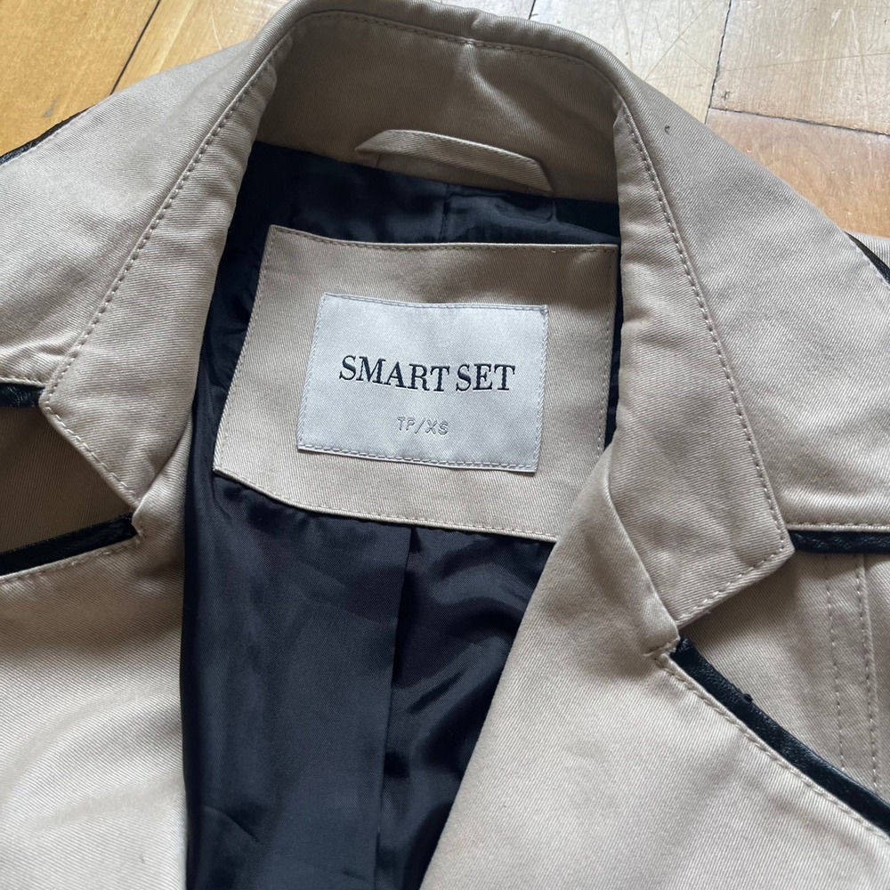 SMART SET Double Breasted Trench Coat Beige Black Trim Belted Button Up Women XS - Picture 3 of 12